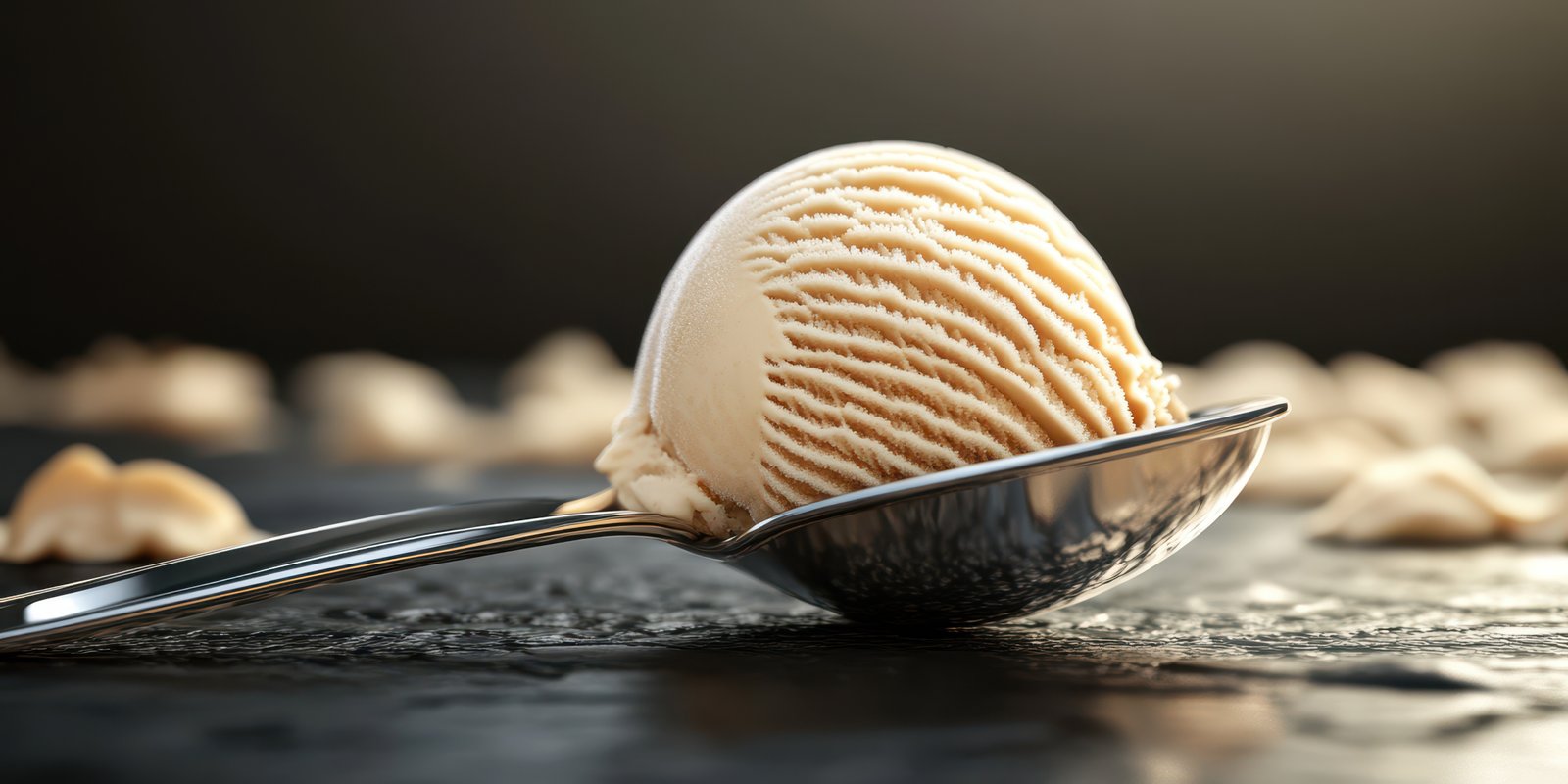 Delicious vanilla ice cream served in a stylish metal spoon on a dark surface with scattered toppings